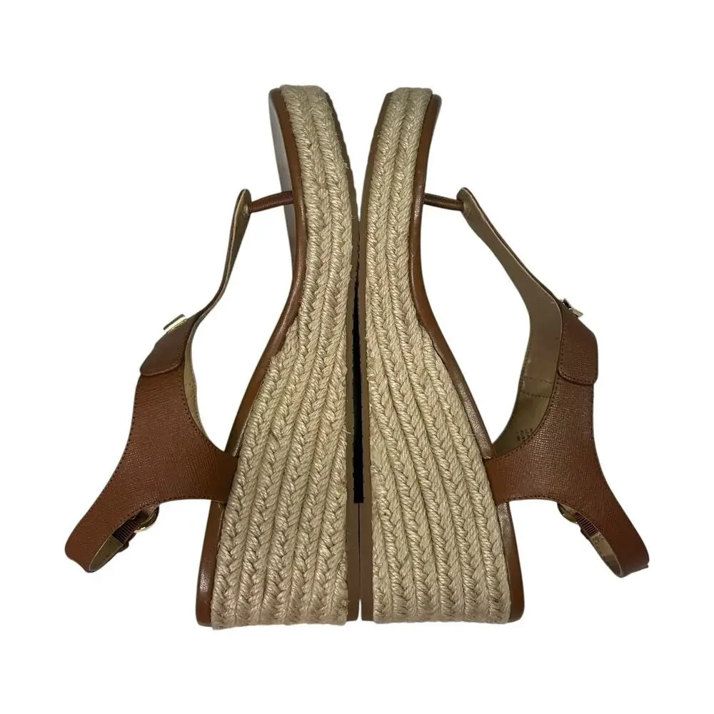 New Michael Kors Sandals Womens 7.5 Brown Leather T Strap Wedge Espadrille Beach